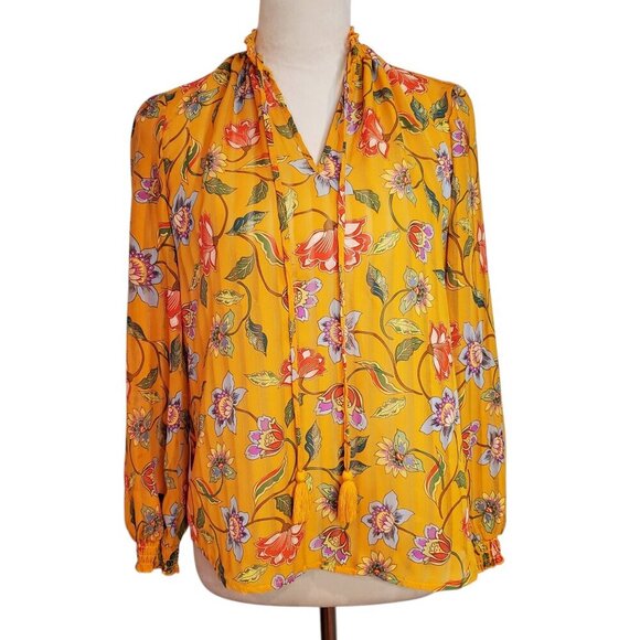 NANETTE LEPORE SZ XS Floral Yellow V-Neck Gathered Peasant Top - Picture 2 of 10
